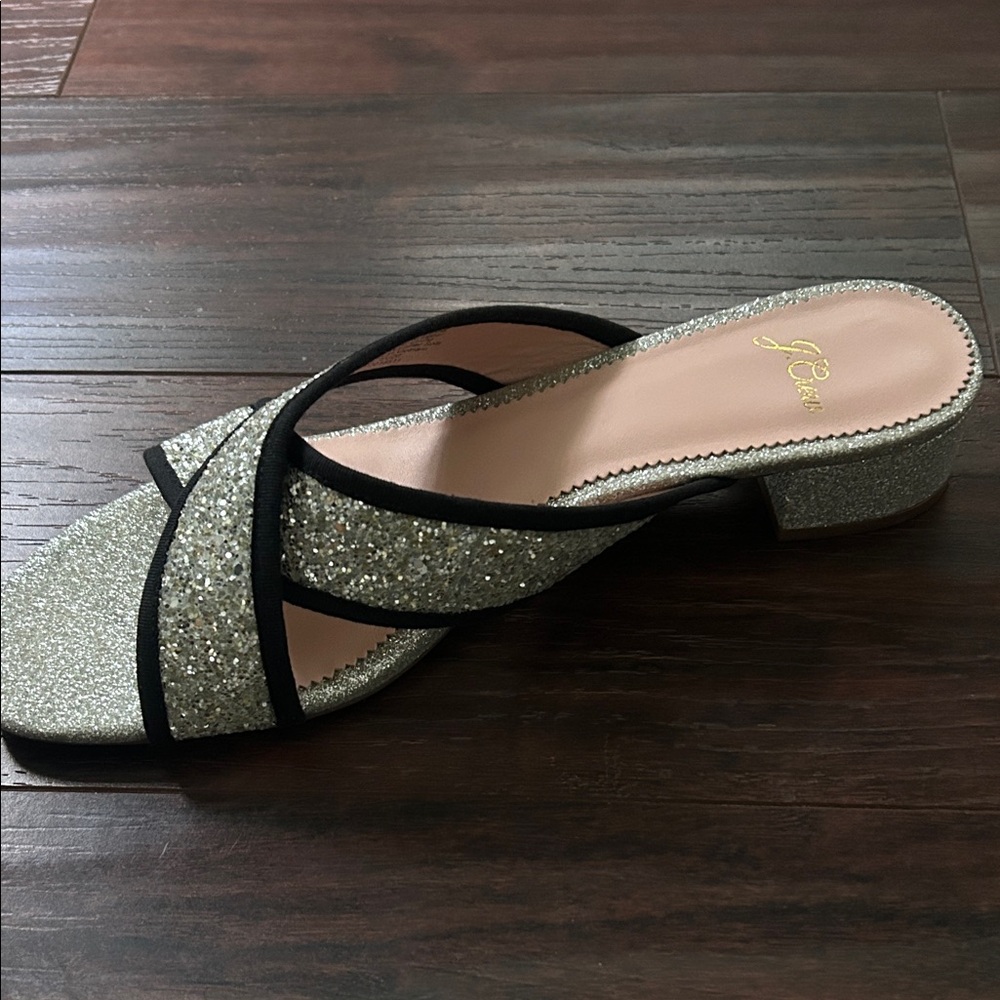 J. Crew Silver Glitter Heels with Black Trim